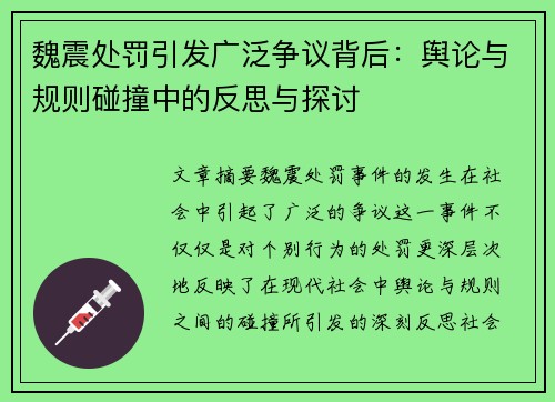 魏震处罚引发广泛争议背后：舆论与规则碰撞中的反思与探讨