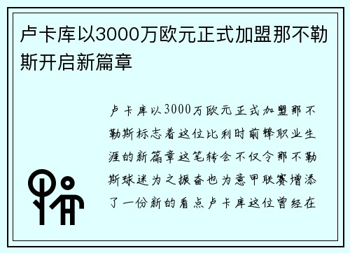 卢卡库以3000万欧元正式加盟那不勒斯开启新篇章