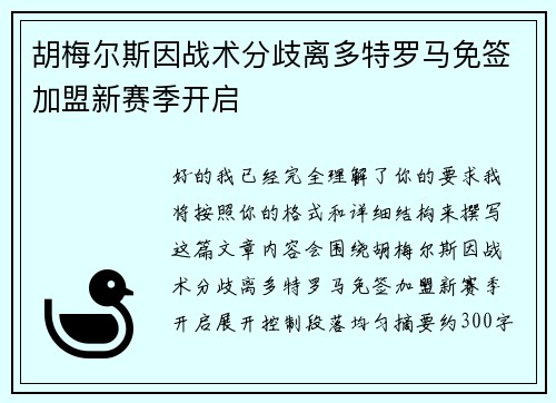 胡梅尔斯因战术分歧离多特罗马免签加盟新赛季开启